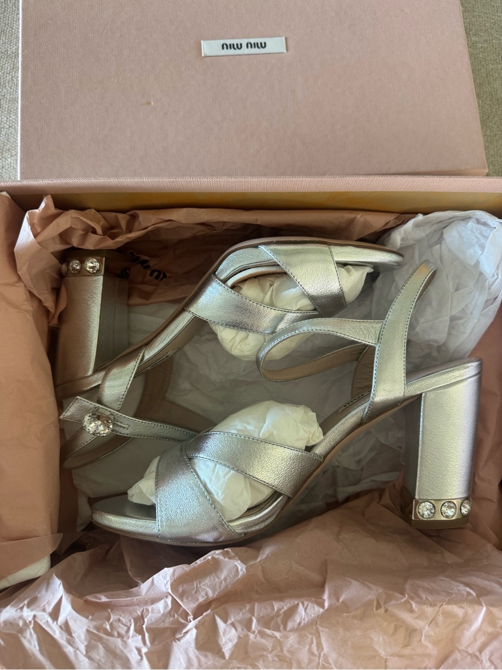 NWT Miu Miu Metallic Silver Crystal Block Heel